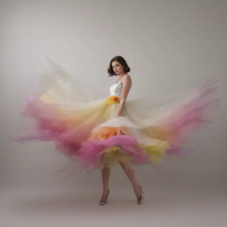 A young woman wearing a colorful dress. The dress is made up of multiple layers of tulle in shades of pink, yellow, and white.