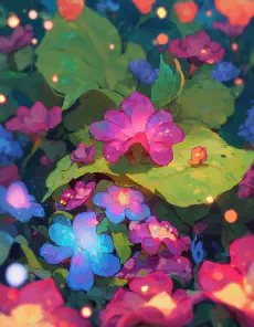 A bunch of colorful flowers in a forest in an illustrated style.