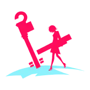 A silhouette of a woman carrying a large shape, standing next to the silhouette of an abstract location marker on the silhouette of an abstract section of land.